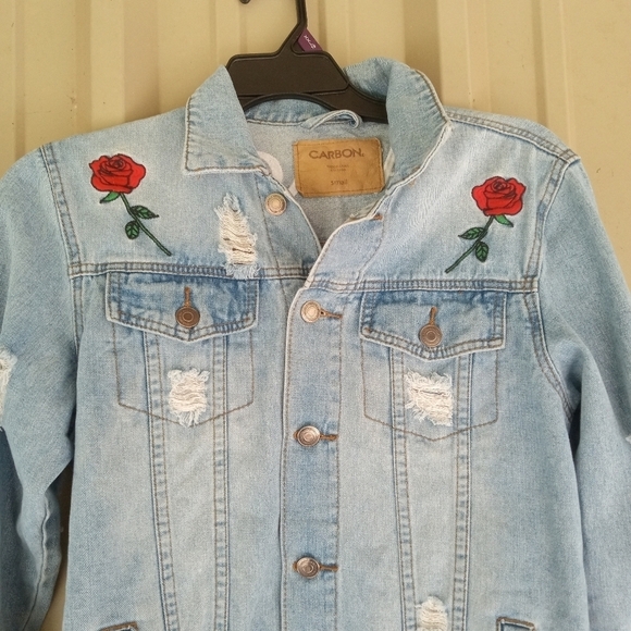 Women's Carbon Savage Distressed Blue Jean Denim Jacket Size Small Red Dragon - Picture 2 of 11